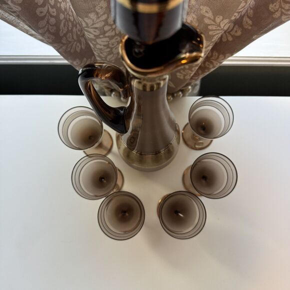 7 Pc. Vtg Bohemian Crystal Frost Amber Glass Gold Embossed Decanter Set Stemware - Picture 15 of 15